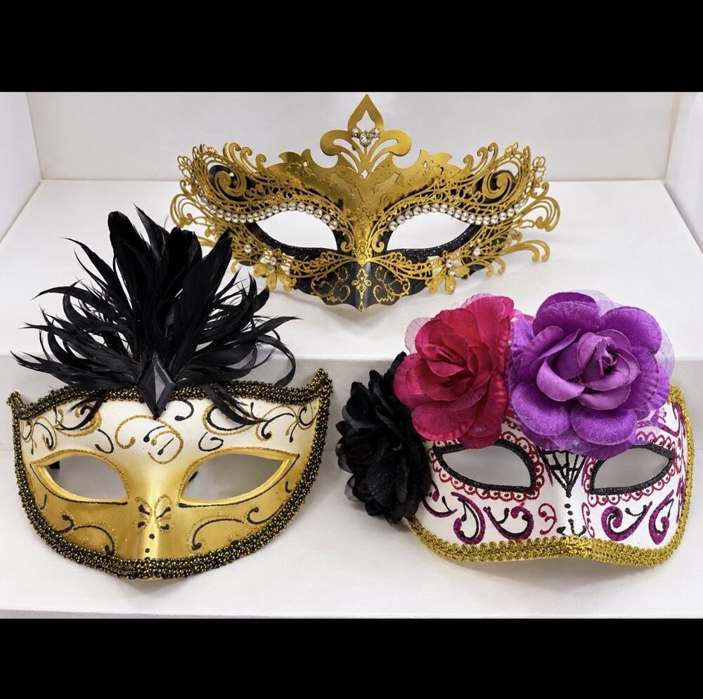 Lot of 3 Masquerade Masks Adult Mardi Gras Venetian Costume Floral Feather 2 New